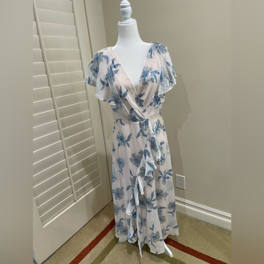 Rebecca Taylor white silk maxi dress with blue metallic floral design.